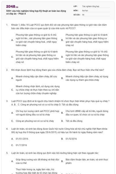 500+ câu trắc nghiệm tổng hợp Kỹ thuật an toàn lao động có đáp án - Phần 8