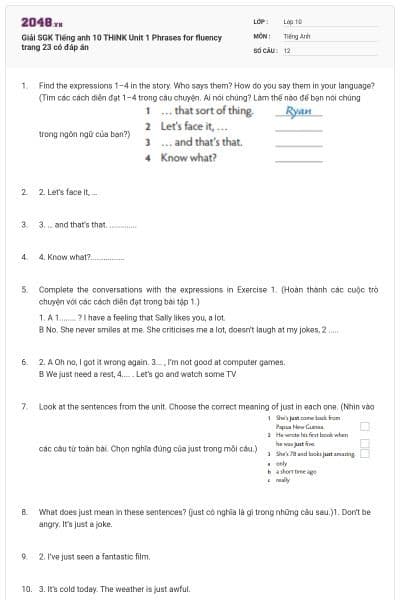 Giải SGK Tiếng anh 10 THiNK Unit 1 Phrases for fluency trang 23 có đáp án