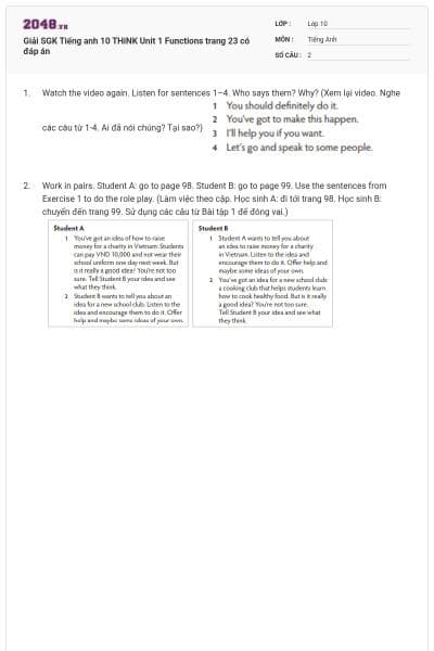 Giải SGK Tiếng anh 10 THiNK Unit 1 Functions trang 23 có đáp án