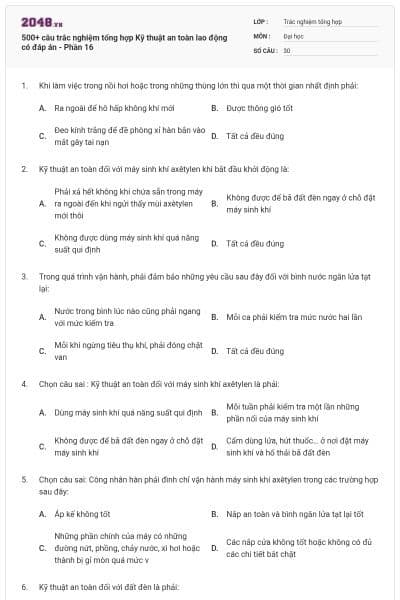 500+ câu trắc nghiệm tổng hợp Kỹ thuật an toàn lao động có đáp án - Phần 16