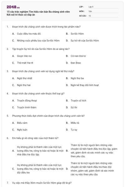 15 câu trắc nghiệm Tìm hiểu văn bản Ba chàng sinh viên Kết nối tri thức có đáp án