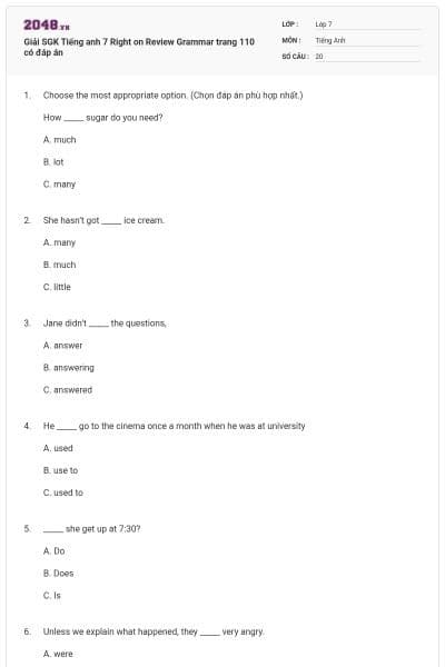 Giải SGK Tiếng anh 7 Right on Review Grammar trang 110 có đáp án