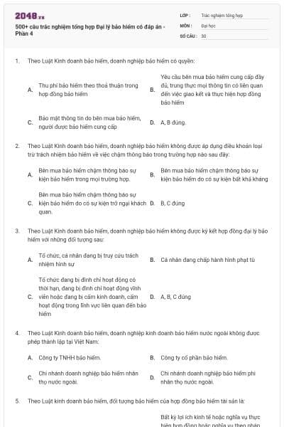 500+ câu trắc nghiệm tổng hợp Đại lý bảo hiểm có đáp án - Phần 4