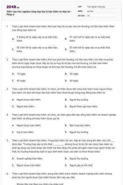 500+ câu trắc nghiệm tổng hợp Đại lý bảo hiểm có đáp án - Phần 6