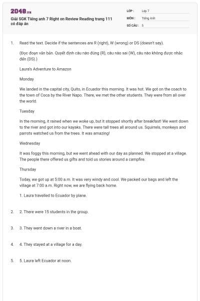 Giải SGK Tiếng anh 7 Right on Review Reading trang 111 có đáp án