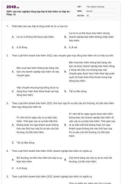 500+ câu trắc nghiệm tổng hợp Đại lý bảo hiểm có đáp án - Phần 10