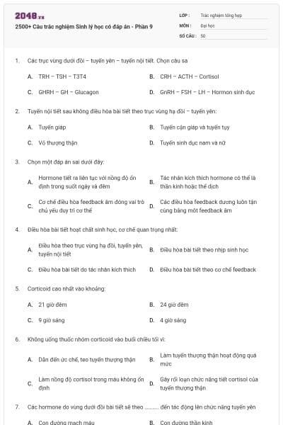 2500+ Câu trắc nghiệm Sinh lý học có đáp án - Phần 9