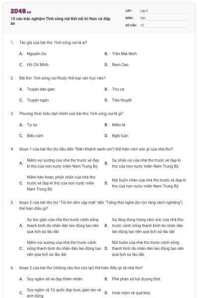 15 câu trắc nghiệm Tình sông núi Kết nối tri thức có đáp án