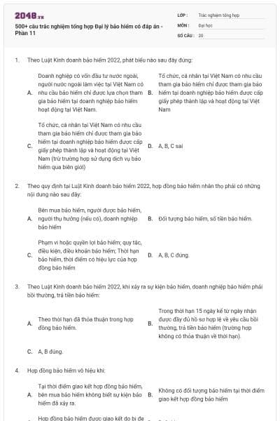 500+ câu trắc nghiệm tổng hợp Đại lý bảo hiểm có đáp án - Phần 11