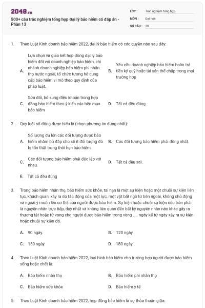 500+ câu trắc nghiệm tổng hợp Đại lý bảo hiểm có đáp án - Phần 13