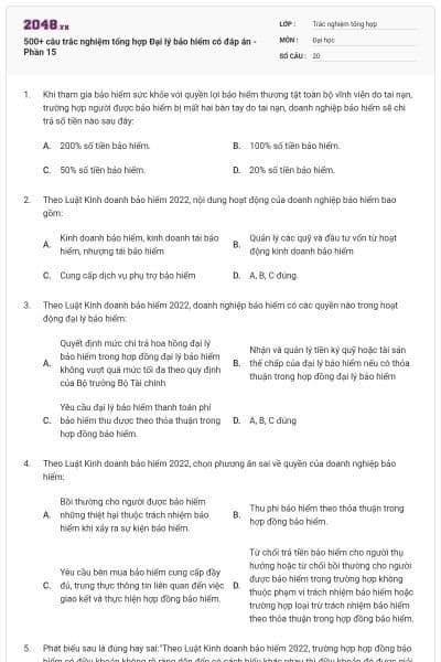 500+ câu trắc nghiệm tổng hợp Đại lý bảo hiểm có đáp án - Phần 15