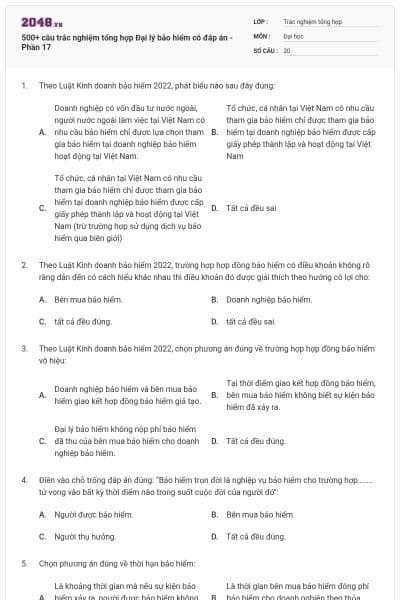 500+ câu trắc nghiệm tổng hợp Đại lý bảo hiểm có đáp án - Phần 17