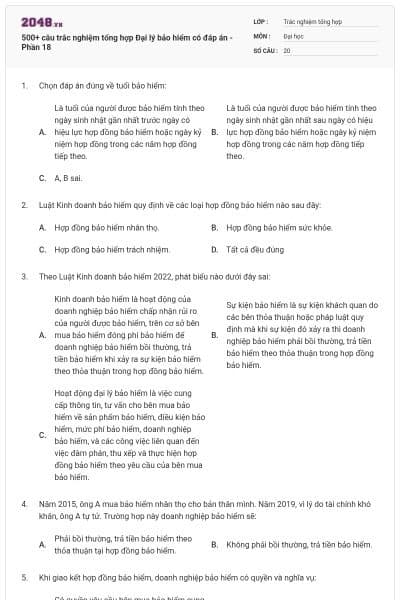 500+ câu trắc nghiệm tổng hợp Đại lý bảo hiểm có đáp án - Phần 18