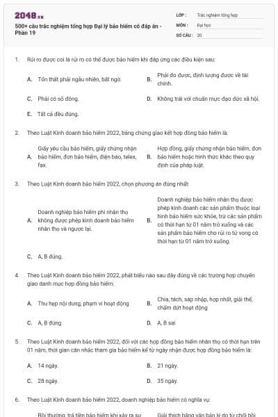 500+ câu trắc nghiệm tổng hợp Đại lý bảo hiểm có đáp án - Phần 19