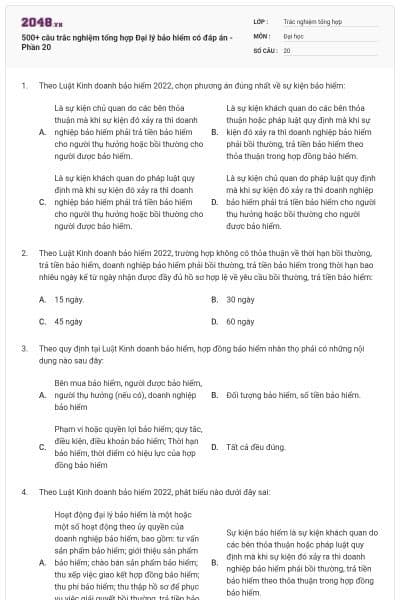 500+ câu trắc nghiệm tổng hợp Đại lý bảo hiểm có đáp án - Phần 20