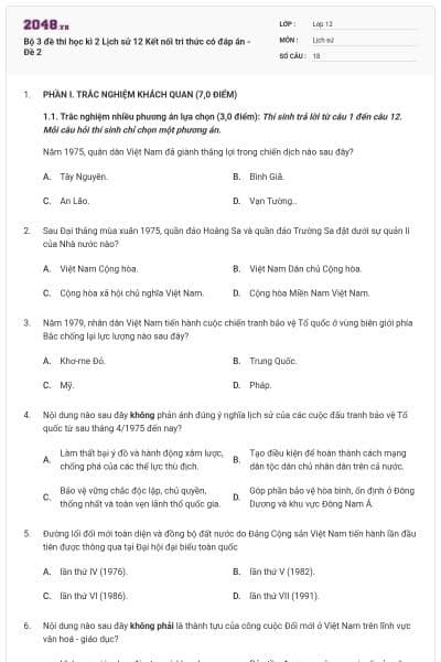 Bộ 3 đề thi học kì 2 Lịch sử 12 Kết nối tri thức có đáp án - Đề 2