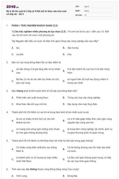 Bộ 6 đề thi cuối kì 2 Địa lý 9 Kết nối tri thức cấu trúc mới có đáp án - Đề 2