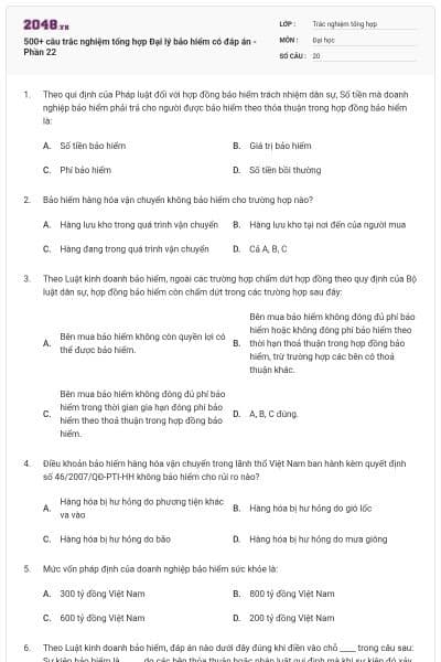 500+ câu trắc nghiệm tổng hợp Đại lý bảo hiểm có đáp án - Phần 22