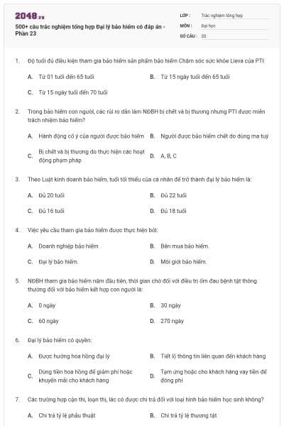 500+ câu trắc nghiệm tổng hợp Đại lý bảo hiểm có đáp án - Phần 23