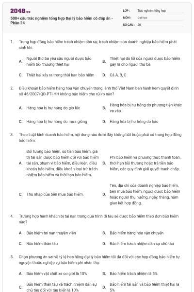 500+ câu trắc nghiệm tổng hợp Đại lý bảo hiểm có đáp án - Phần 24