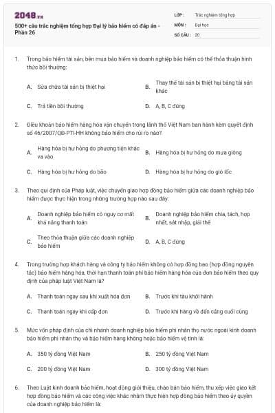 500+ câu trắc nghiệm tổng hợp Đại lý bảo hiểm có đáp án - Phần 26