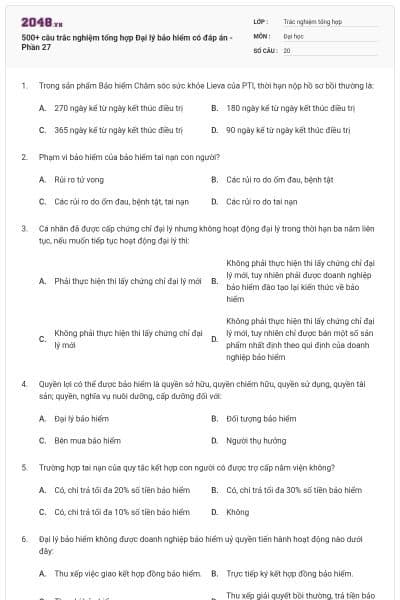 500+ câu trắc nghiệm tổng hợp Đại lý bảo hiểm có đáp án - Phần 27