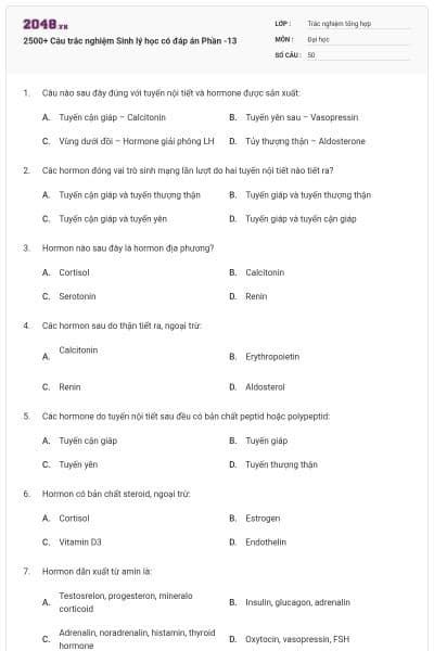 2500+ Câu trắc nghiệm Sinh lý học có đáp án Phần -13
