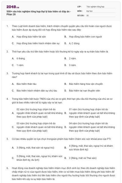 500+ câu trắc nghiệm tổng hợp Đại lý bảo hiểm có đáp án - Phần 28