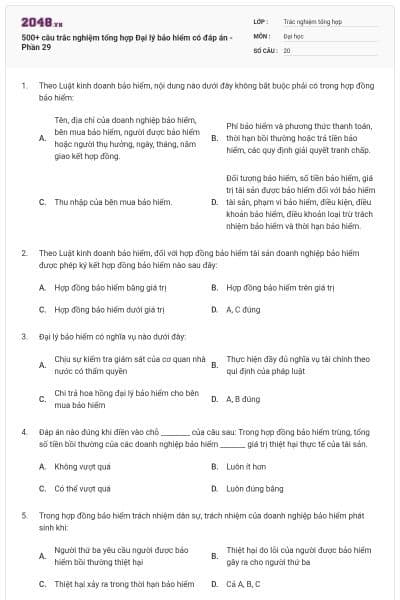 500+ câu trắc nghiệm tổng hợp Đại lý bảo hiểm có đáp án - Phần 29