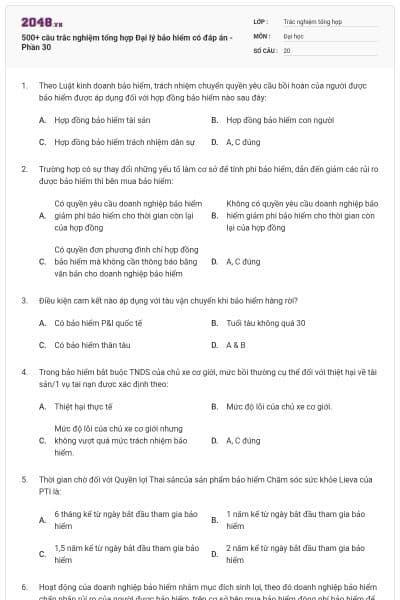 500+ câu trắc nghiệm tổng hợp Đại lý bảo hiểm có đáp án - Phần 30