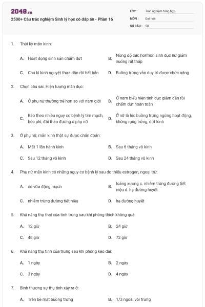 2500+ Câu trắc nghiệm Sinh lý học có đáp án - Phần 16