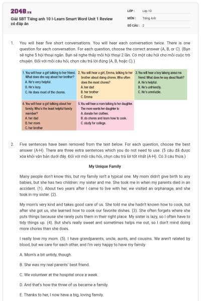 Giải SBT Tiếng anh 10 I-Learn Smart Word Unit 1 Review có đáp án