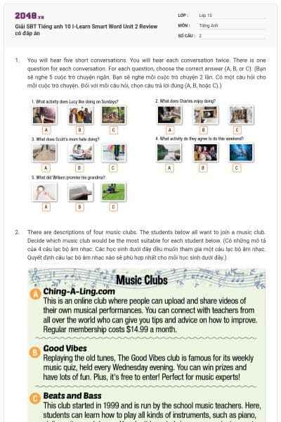 Giải SBT Tiếng anh 10 I-Learn Smart Word Unit 2 Review có đáp án
