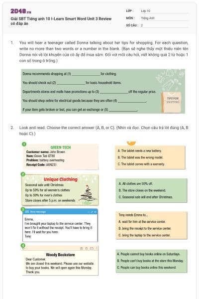 Giải SBT Tiếng anh 10 I-Learn Smart Word Unit 3 Review có đáp án