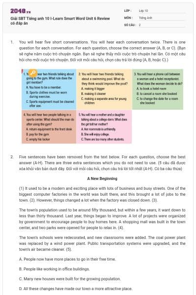 Giải SBT Tiếng anh 10 I-Learn Smart Word Unit 6 Review có đáp án