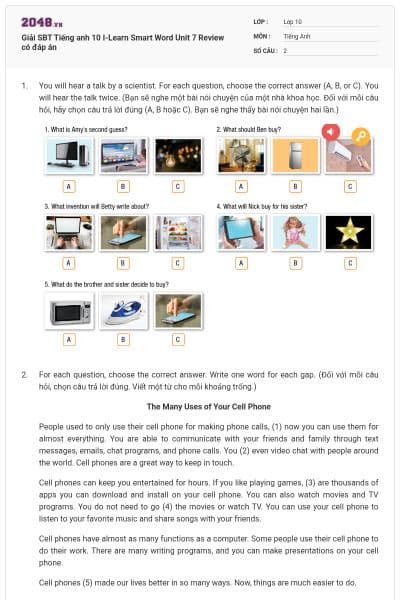 Giải SBT Tiếng anh 10 I-Learn Smart Word Unit 7 Review có đáp án