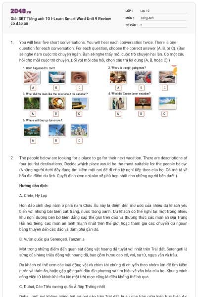 Giải SBT Tiếng anh 10 I-Learn Smart Word Unit 9 Review có đáp án