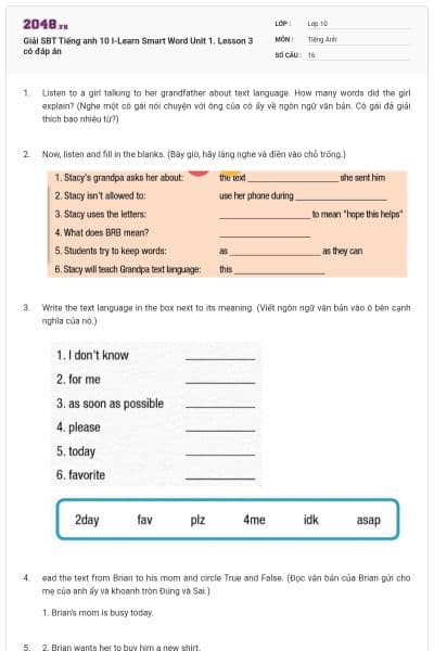Giải SBT Tiếng anh 10 I-Learn Smart Word Unit 1. Lesson 3 có đáp án