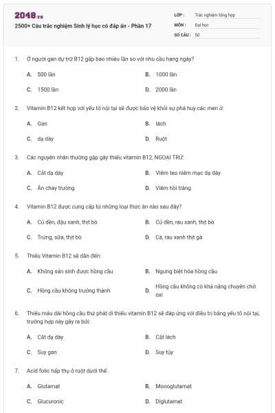 2500+ Câu trắc nghiệm Sinh lý học có đáp án - Phần 17