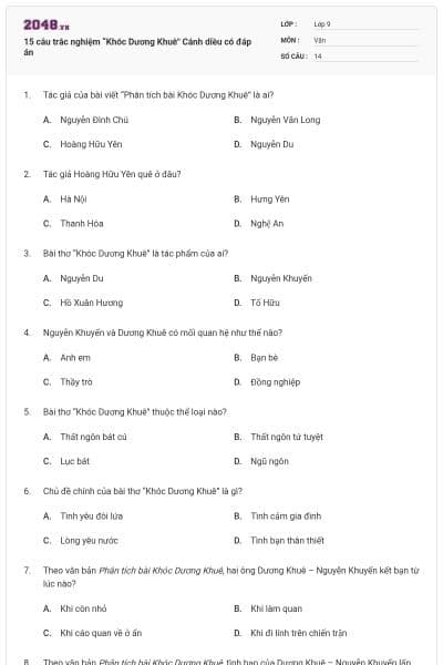 15 câu trắc nghiệm “Khóc Dương Khuê" Cánh diều có đáp án
