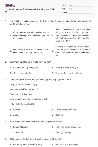 19 câu trắc nghiệm Tì bà hành Chân trời sáng tạo có đáp án