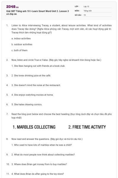 Giải SBT Tiếng anh 10 I-Learn Smart Word Unit 2. Lesson 3 có đáp án