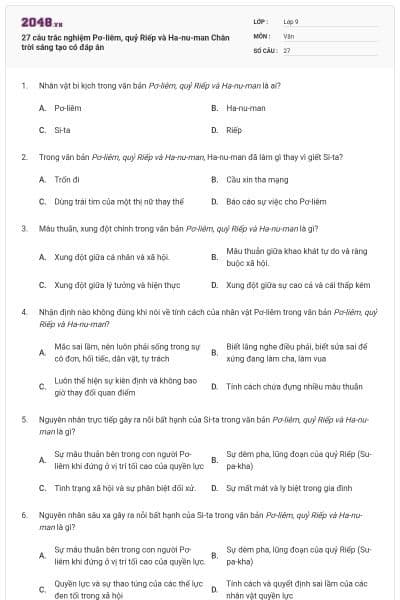 27 câu trắc nghiệm Pơ-liêm, quỷ Riếp và Ha-nu-man Chân trời sáng tạo có đáp án