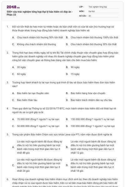 500+ câu trắc nghiệm tổng hợp Đại lý bảo hiểm có đáp án - Phần 33