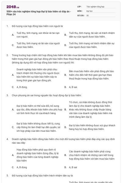 500+ câu trắc nghiệm tổng hợp Đại lý bảo hiểm có đáp án - Phần 34