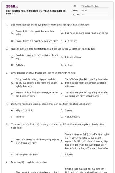 500+ câu trắc nghiệm tổng hợp Đại lý bảo hiểm có đáp án - Phần 37