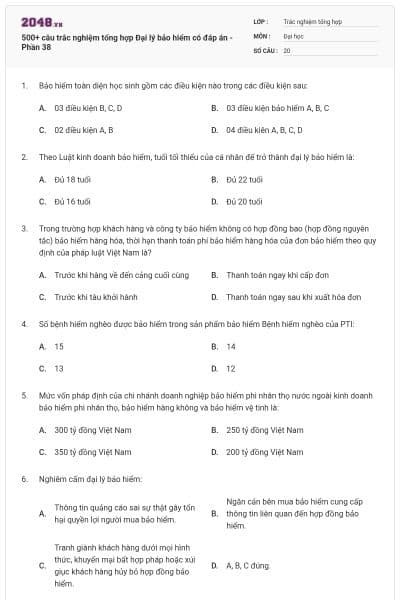 500+ câu trắc nghiệm tổng hợp Đại lý bảo hiểm có đáp án - Phần 38