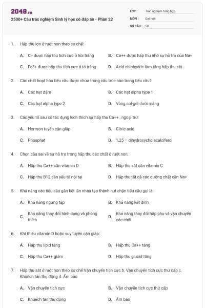 2500+ Câu trắc nghiệm Sinh lý học có đáp án - Phần 22
