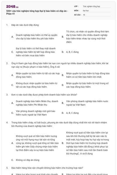 500+ câu trắc nghiệm tổng hợp Đại lý bảo hiểm có đáp án - Phần 41