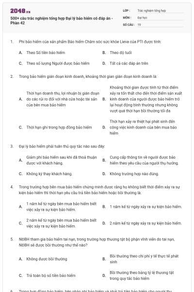 500+ câu trắc nghiệm tổng hợp Đại lý bảo hiểm có đáp án - Phần 42